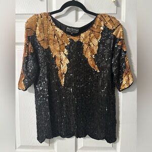 Royal Feelings Vintage Top Sz XL Black Gold Sequined Beaded Silk Scalloped Hem